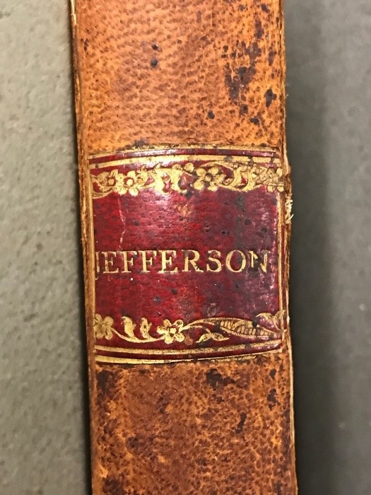 Spine of Kresge Library's copy of the 1800 edition of Notes on the State of Virginia